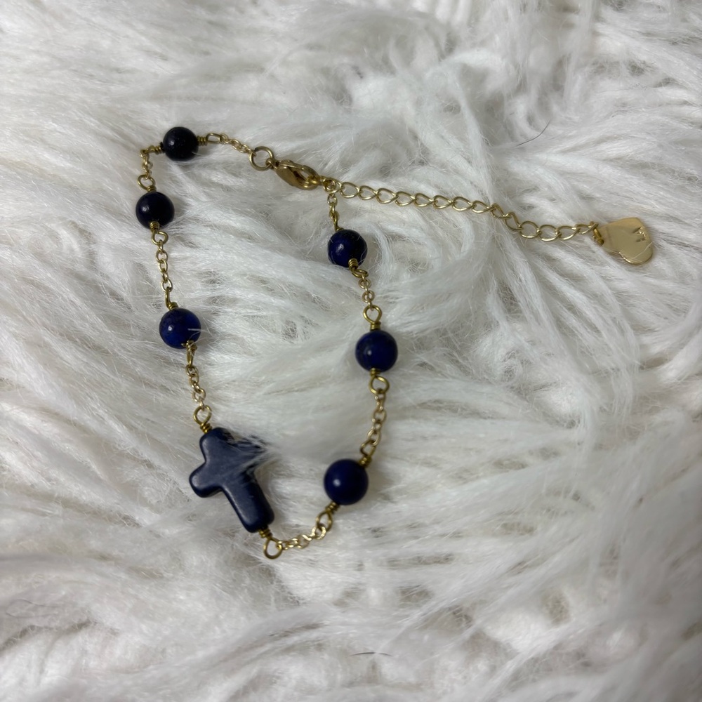 Gold and Blue Beaded Bracelet with Cross Charm